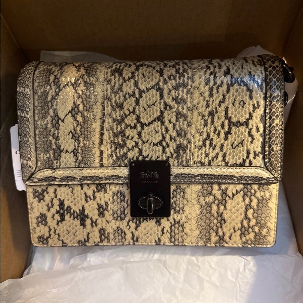 COACH Hutton Shoulder Bag Snakeskin/Leather Neutral Color NWT